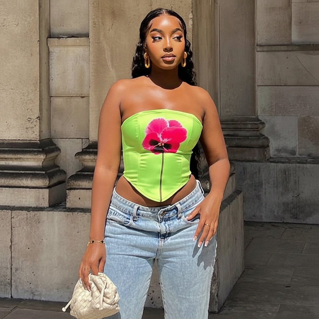 Summer new women clothing imitation silk sexy contrast color flower tunic top fashion tube top for women
