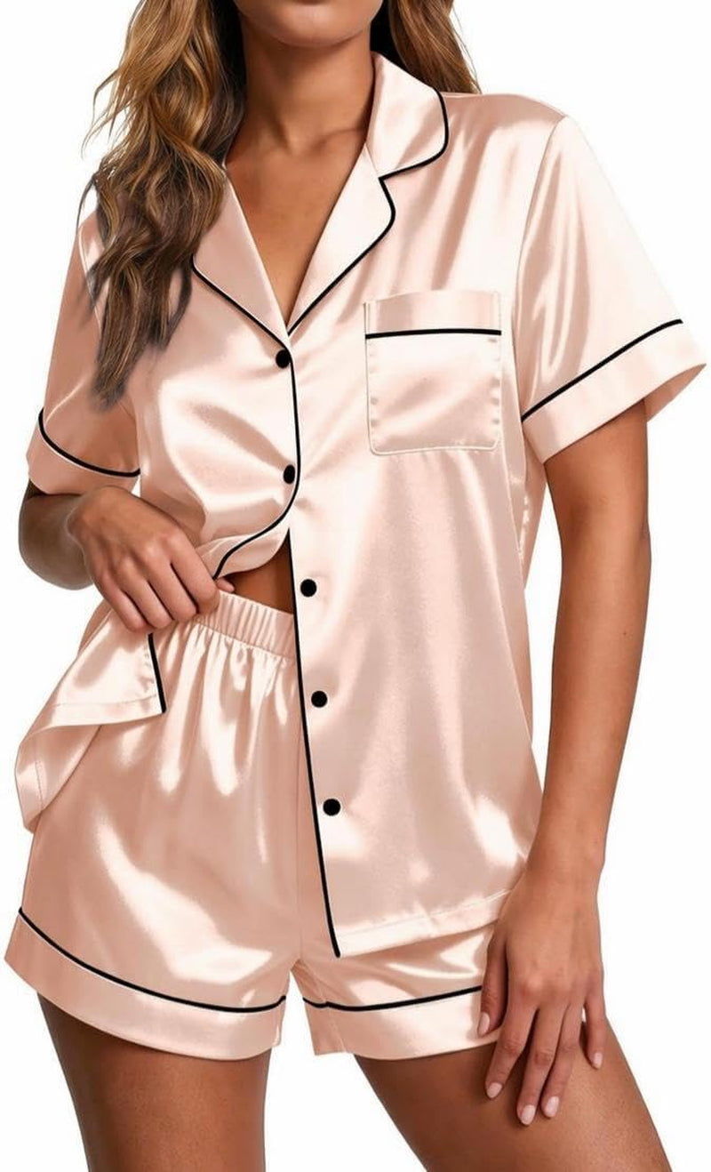 Pajamas for Women Set Silk Satin Pjs 2 Piece Button down Sleepwear | Classic Notch Collar Pjs,Soft Casual Sleepwear,Loungewear Top and Shorts for Bridal Gifts,Daily Wear,Party,Vacation