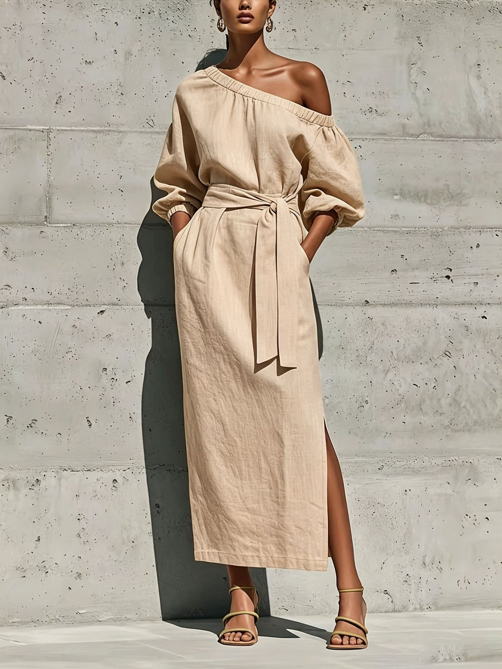 Fashionable Elegant Loose Linen Off-Shoulder Side Slit Dress with Belt
