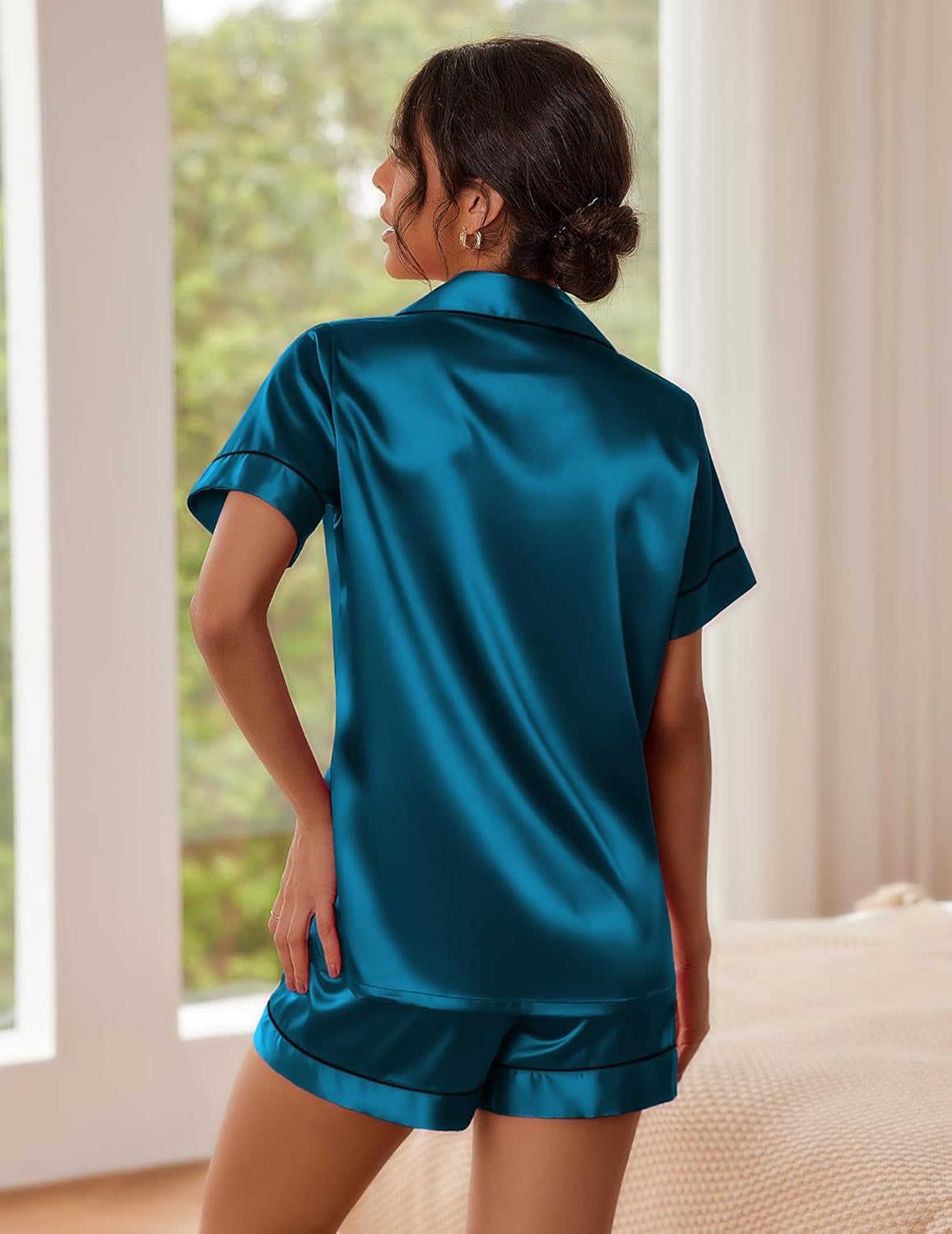 Pajamas for Women Set Silk Satin Pjs 2 Piece Button down Sleepwear | Classic Notch Collar Pjs,Soft Casual Sleepwear,Loungewear Top and Shorts for Bridal Gifts,Daily Wear,Party,Vacation