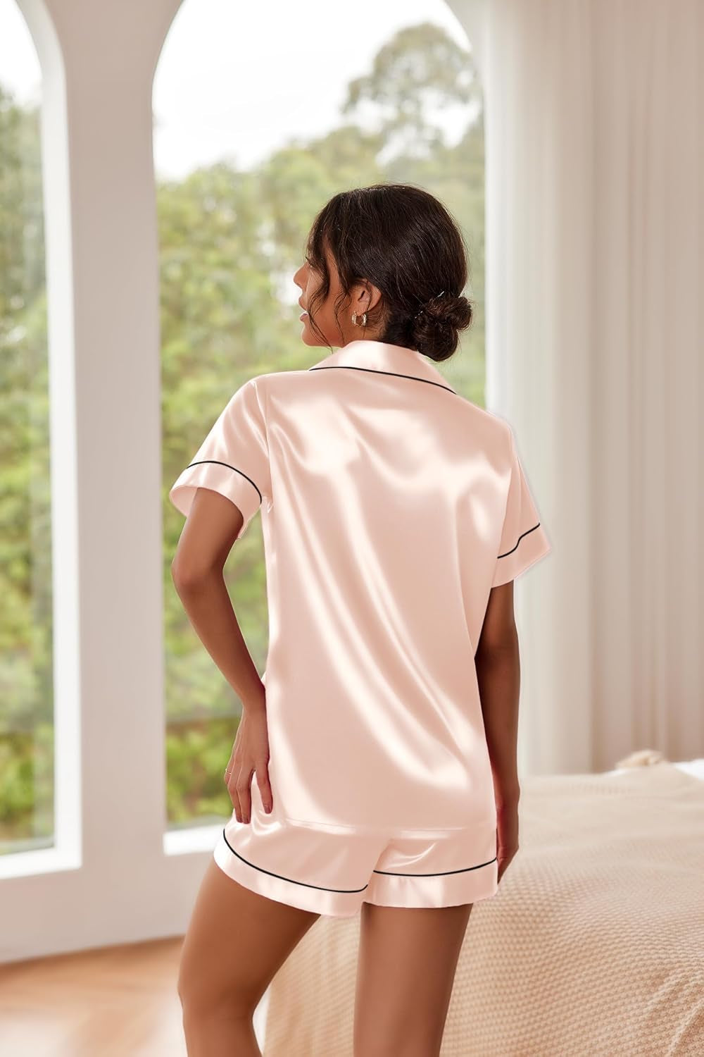 Pajamas for Women Set Silk Satin Pjs 2 Piece Button down Sleepwear | Classic Notch Collar Pjs,Soft Casual Sleepwear,Loungewear Top and Shorts for Bridal Gifts,Daily Wear,Party,Vacation